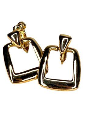 Vintage Gold Tone Door Knocker Earrings Square Clip On Screw Back 80s Statement
